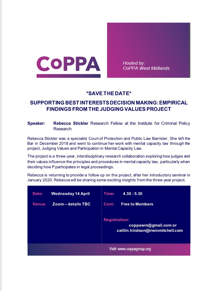 If #healthandwelfare is more your interest then save the date for our April seminar with Rebecca Stickler who is providing and update on the findings of  <a href="/judgingvalues/">Judging Values and Participation Project</a> #courtofprotection #Disability #mentalcapacity @CoPPA17