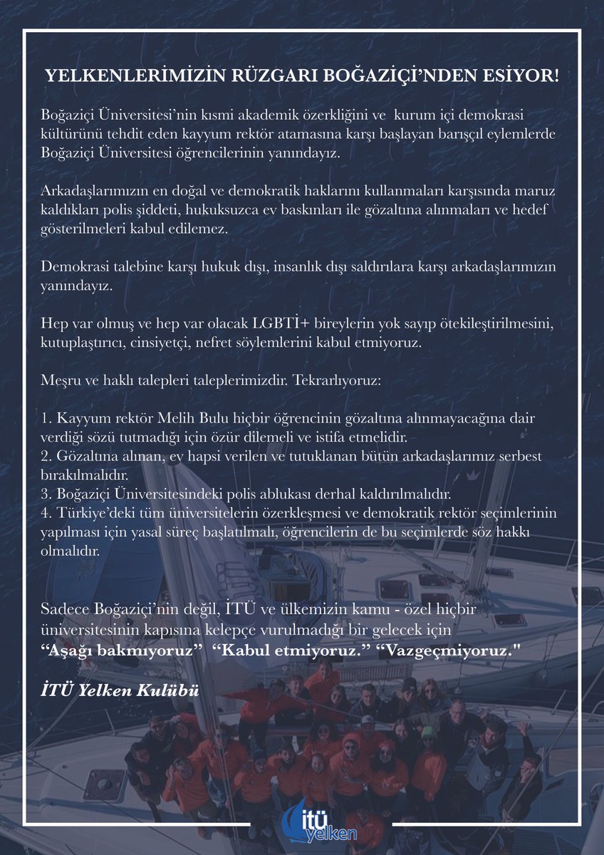 YELKENLERİMİZİN RÜZGARI BOĞAZİÇİ’NDEN ESİYOR!

#HerYerBogaziciHerYerDirenis
#BasımızıEğemezsiniz 
#Arkadaşlarımızıİstiyoruz 
#AşağıBakmayacağız
#BoğaziçiSusmayacak