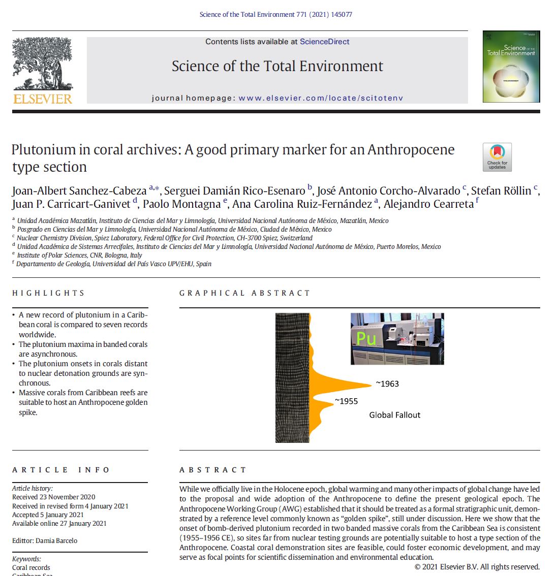 jacorchoal's tweet photo. Looking for a "golden spike" of the #Anthropocene? In this study, #Plutonium (#Pu239) onsets recorded in banded #corals are proposed as the "golden spike". Thanks to @IcmlUnam(Mex), Inst.PolarSciences(Ita.), UnivBasqueCountry(Spain). @SpiezLab (Switz.).
https://t.co/UtIvVHrjG6 https://t.co/j3S9HVjJlA