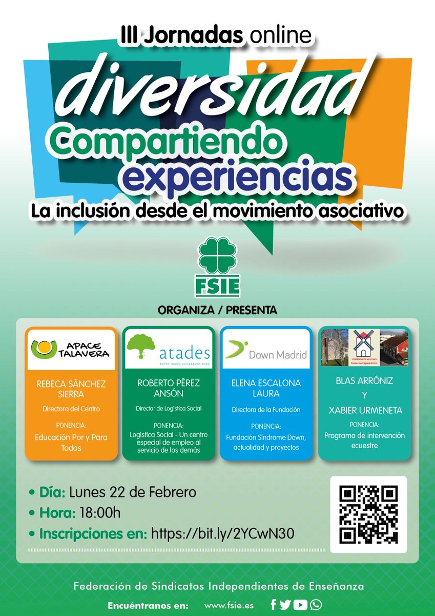 JairoFSIE's tweet photo. III Jornada "Compartiendo Experiencias- La inclusión desde el movimiento asociativo
👏 Lunes 22 de Febrero a las 18:00 Inscripciones👉 https://t.co/qWOvuzB9vK 
#fsie #FSIEconlaDISCAPACIDAD @somosatades @DownMadrid #intervencionecuestre  #apacetalvera https://t.co/7KwghN5ecW https://t.co/6mA8Zdfi9B
