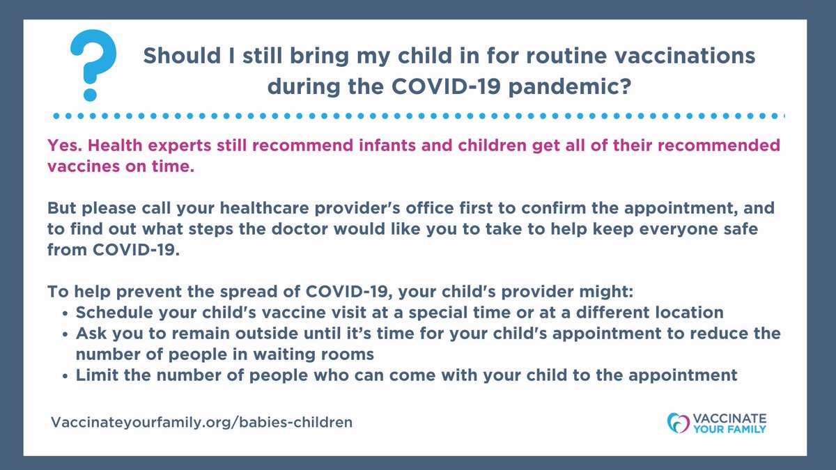 Vaxyourfam's tweet image. During the #pandemic, you might be asking if you should still bring your child in for their #routinevaccines. The answer is YES. Health experts still recommend that children and teens (and adults too) still get their #vaccines on time. More info: bit.ly/3bv4wD5 #COVID19