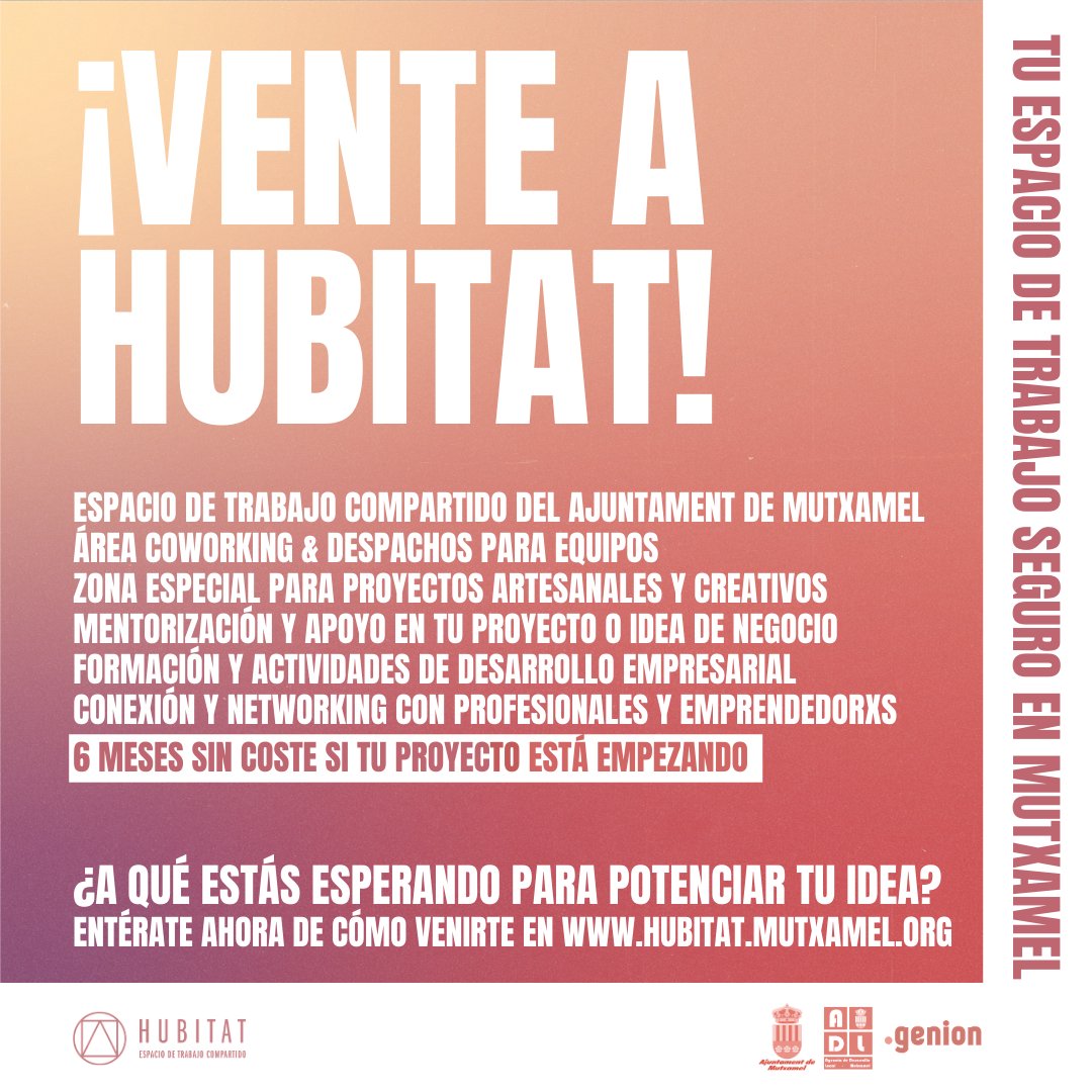 ¿NECESITAS UN CAMBIO?🤔 ¿DARLE IMPULSO A TU IDEA O NEGOCIO?🚀

No lo dudes, ¡VENTE A <a href="/HUBITATMutxamel/">HUBITAT Mutxamel</a>! ✊😎🔥

📲Tienes toda la info en hubitat.mutxamel.org o puedes contactarnos por Redes Sociales