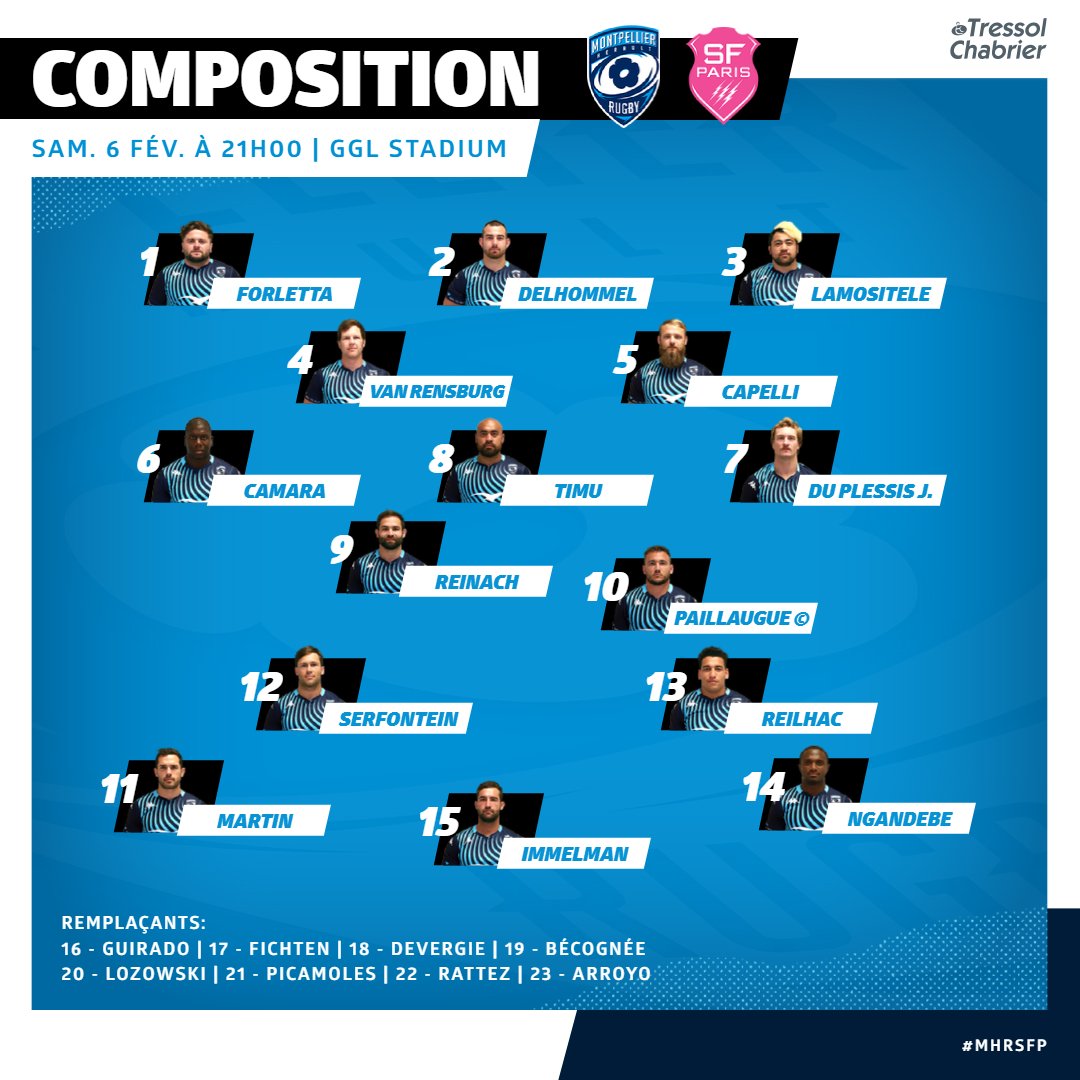 MHR_officiel's tweet photo. 𝕃𝕒 𝕔𝕠𝕞𝕡𝕠 𝕕𝕦 𝕄ℍℝ  🔵⚪

Découvrez la composition de votre équipe pour la réception du @SFParisRugby, ce samedi 6 février à 21H00 au GGL Stadium. ⏳

#TeamMHR 🔵⚪ #MHRSFP https://t.co/wRBpCpfi1W