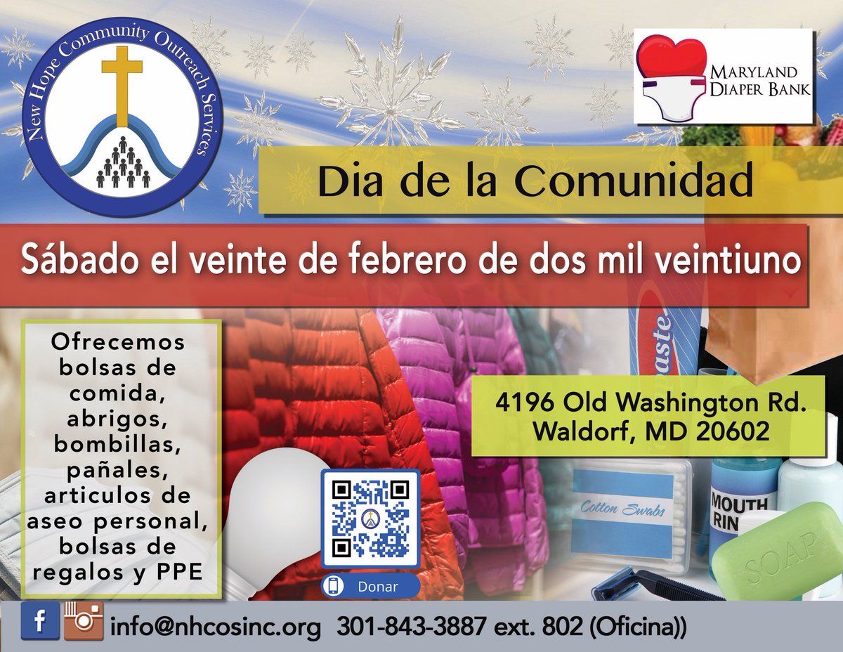NHCOS1's tweet photo. Join Us Fe20th, 2021 @ The New Hope Community Outreach COMMUNITY DAY! In Partnership @mddiaperbank
Coats, Grocery Food Bags, Diapers , Light Bulbs, PPE, Toiletry & Gift Bags!
February 20, 2021
10a - 12p
4196 Old Washington Rd Waldorf Md 20602
https://t.co/egQl1TrhEF
#nhcos https://t.co/1KTfeVcojY