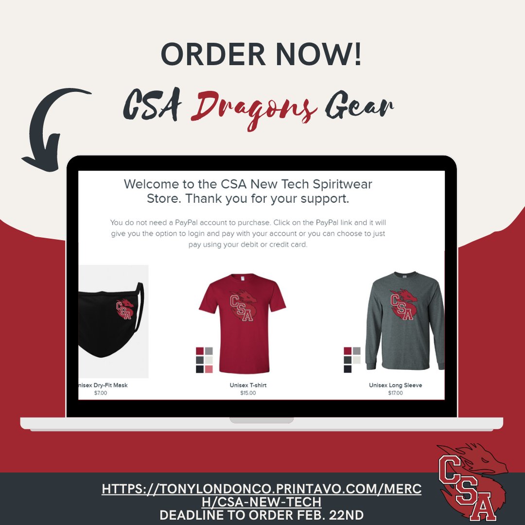 CSANewTechHS's tweet image. Get your CSA Dragons Gear TODAY!!

Be among the first to own CSA Dragons t-shirts, hats, water bottles, and more!

Complete your order online by February 22nd to get your gear first!

tonylondonco.printavo.com/merch/csa-new-…

#DragonPride