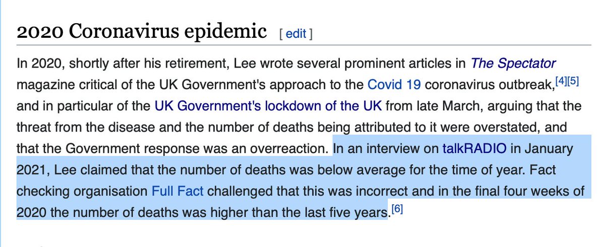 First up:Dr John LeeRetired Professor of Pathology @FullFact : "in January 2021, Lee claimed that the number of deaths was below average for the time of year... this was incorrect and in the final 4 weeks of 2020 the number of deaths was higher than last 5 years"/2