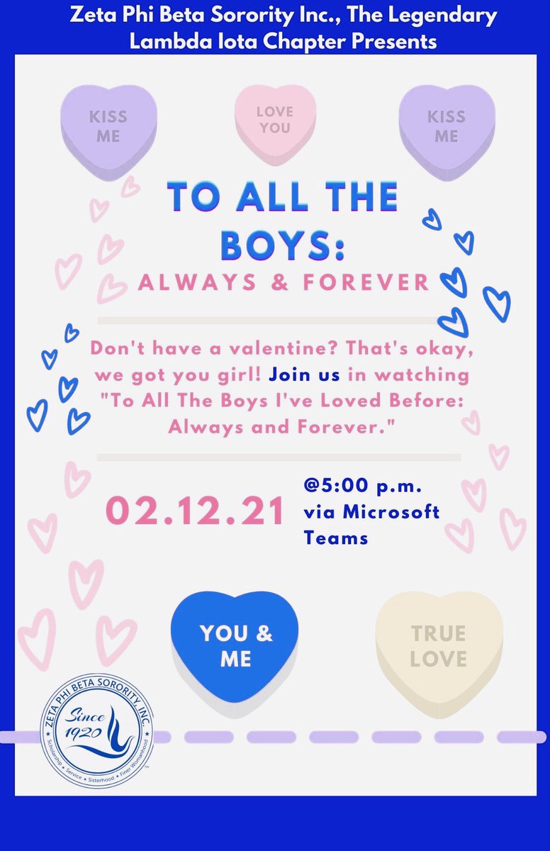 Don’t have a Valentine this year? Don’t worry girl we got you! Join us next Friday, February 12th at our Netflix &amp; Chill Galantine Event @ 5:00 pm featuring “To All The Boys: Always &amp; Forever.” 

DM this page with your name &amp; email if you’d like to participate. 💙🕊