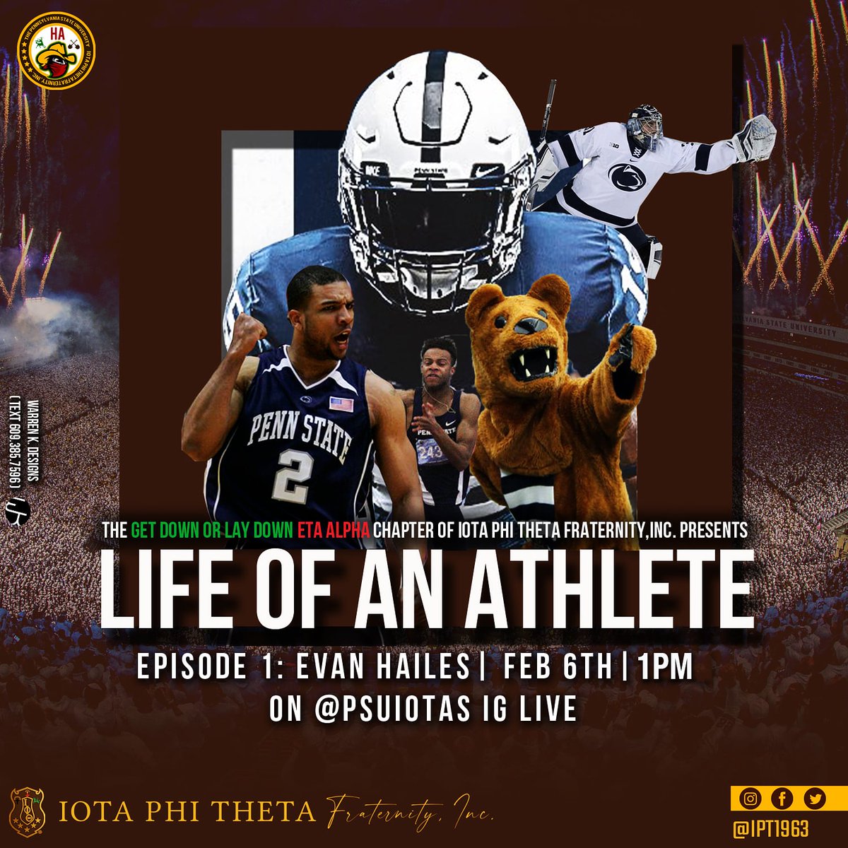 IotaMastermind1's tweet photo. Eta Alpha chapter of Iota Phi Theta Fraternity, Inc. presents Life of An Athlete. Join the PSU Iotas on Instagram Live TOMORROW at 1 PM EST to listen to Brother Evan Hailes share his journey. 
#EtaAlpha #PSUIotas #PennState #IotaPhiTheta #PACertifed #ACRIotas https://t.co/TDtCrIEpEG