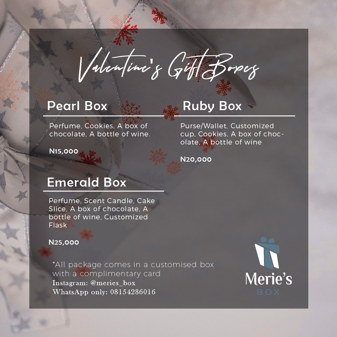Mz_Airen's tweet photo. @benmurraybruce Merie's Box creates and delivers gift for every occasion. Let us help you surprise that special someone, don't miss out on our valentine offer. DM is open or contact us 08154286016 #valentinesdaygift #abujatwitter #meriesbox https://t.co/ysFG8Nlp6l