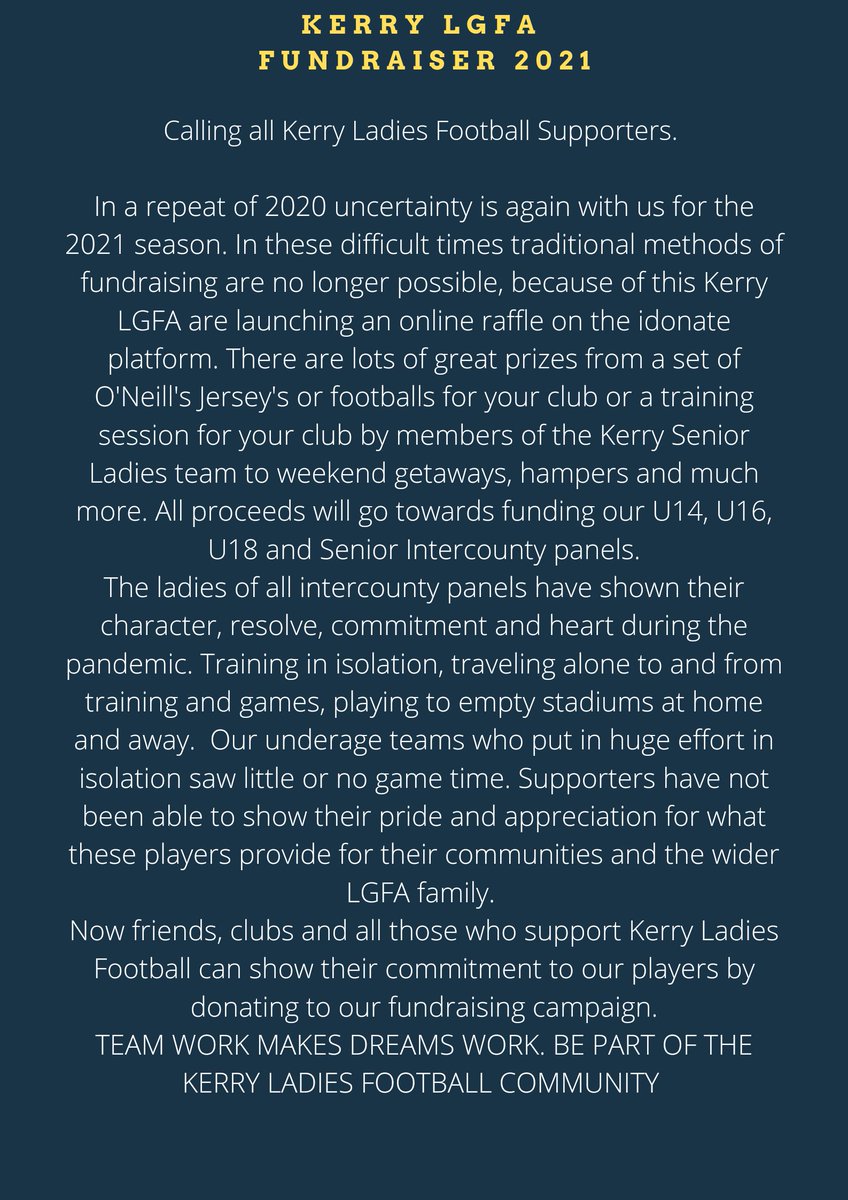 kerryladiesfoot's tweet photo. Kerry LGFA are raising funds to facilitate the training of our Intercounty teams for 2021. Its our main fundraiser for 2021 so all support would be greatly appreciated. We have fantastic prizes on offer and wish to thank everyone who donated so generously.
https://t.co/nm0WVbVlor https://t.co/Jc1BwgRIhL