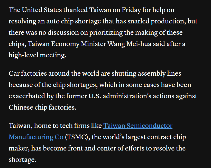 And it's what the DPP privately communicated to the US during a talk about auto chip shortages yesterday - which, curiously, did not focus on auto chips and did not speak to the issue of prioritizing their production