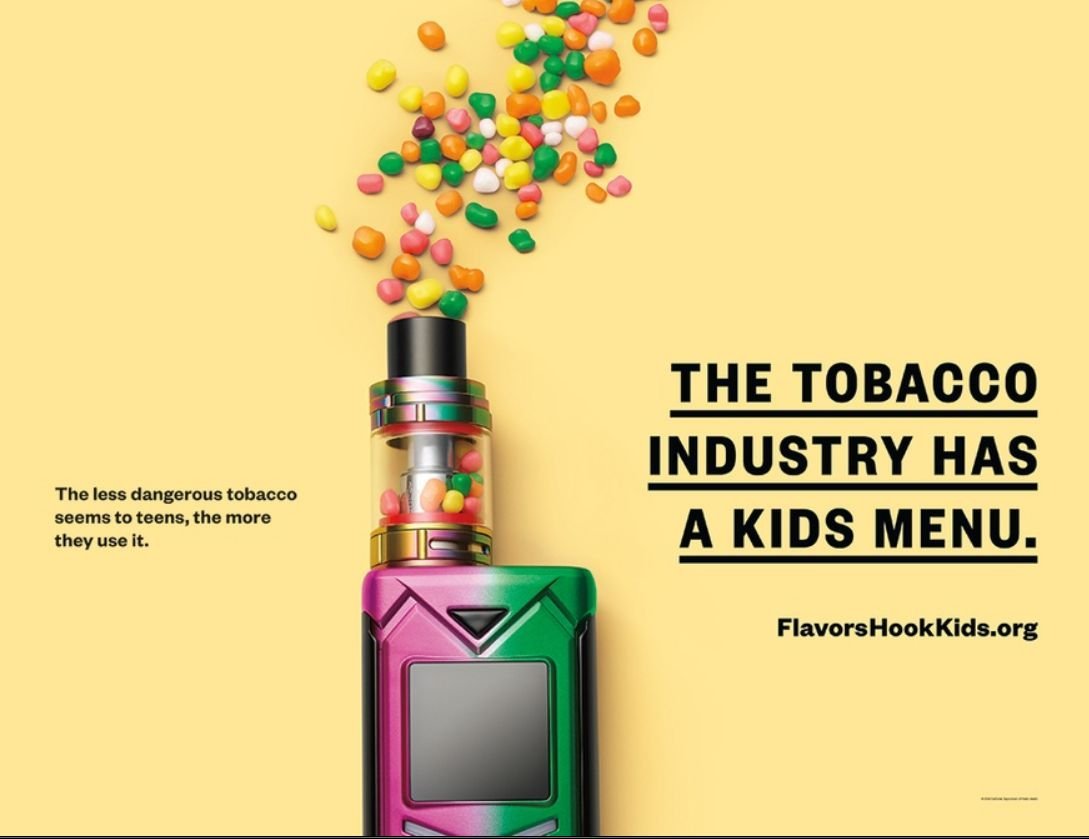 (20) These organizations use images of children, puppets and cartoon characters vaping. They inform teens "all your friends are doing it" and "they come in yummy flavors." Next example:  http://flavorshookkids.org , funded by the California Tobacco Control Program.