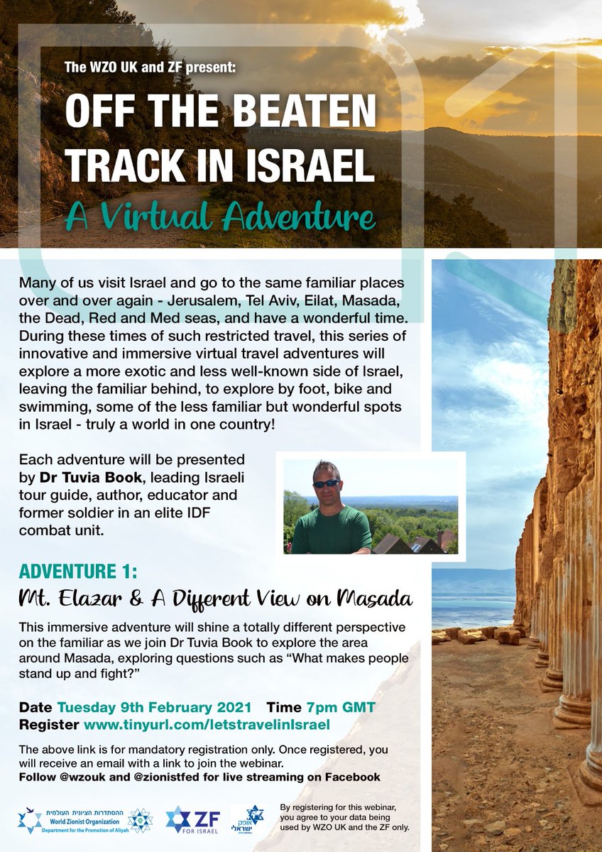 Join us &amp; explore a more exotic &amp; less well-known side of Israel, leaving the familiar behind, to explore by 🦶, 🚲 and🏊Presented by Dr Tuvia Book, leading Israeli tour guide, author, educator &amp; former soldier in an elite IDF combat unit
ZOOM us02web.zoom.us/meeting/regist…
FB: WZOUK