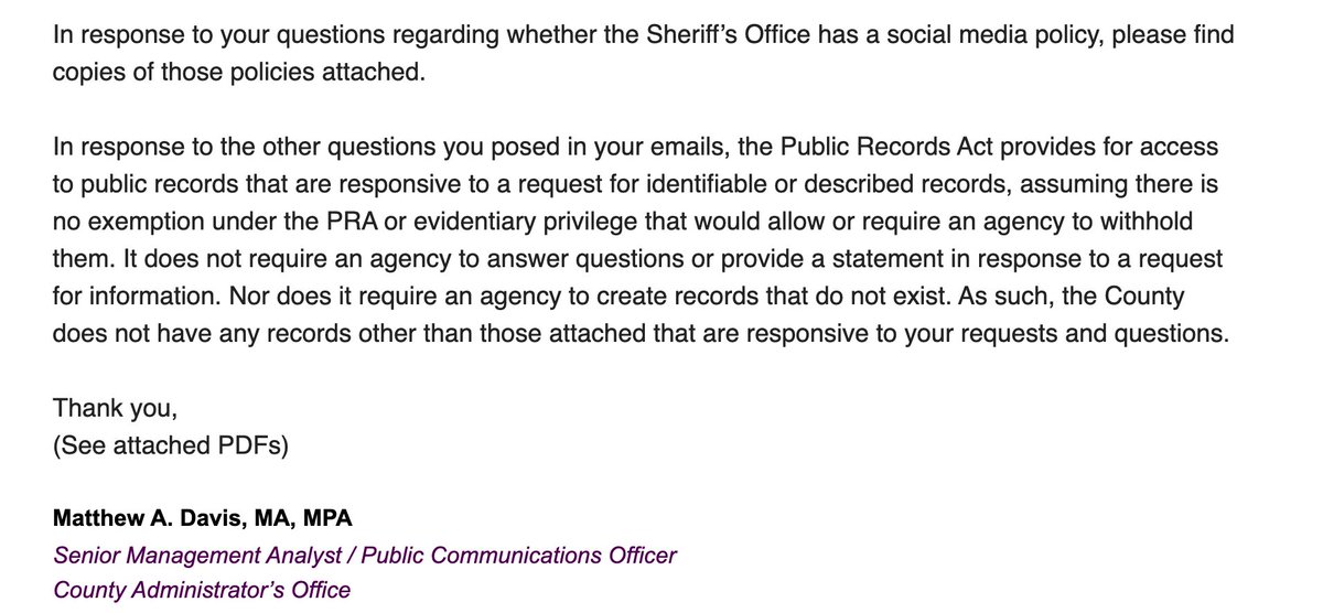 The county refused to comment on any of this. We reached out to all the deputies involved, but only Stockton responded.A county spokesperson told me that legally the county doesn't have to answer any questions under the California Public Records Act. 9/x