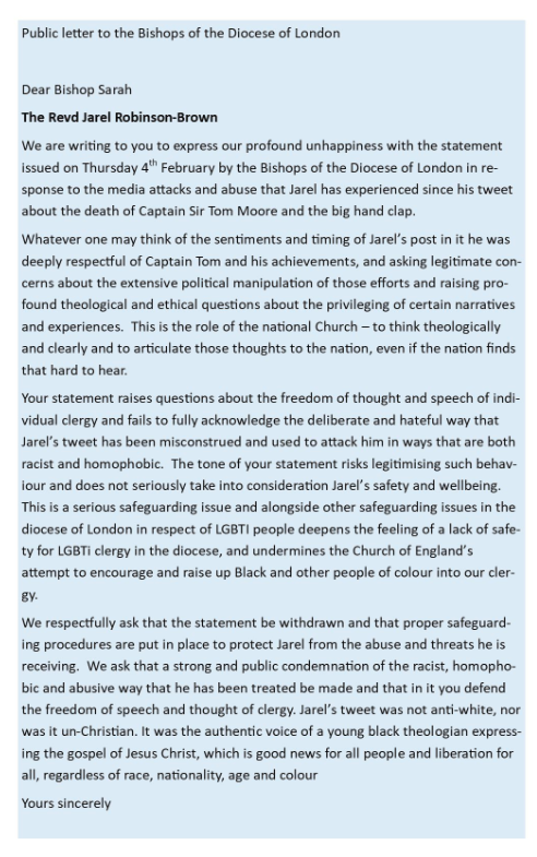 These priests have said he was trying to express concern about the "political manipulation" of Cpt Tom's memory and said his tweet has been "misconstrued and used to attack him" with racist abuseThis letter, signed by scores of priests, accuses the church of adding to this: