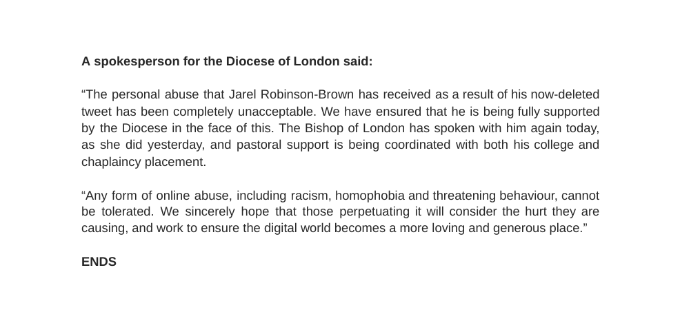 The Diocese of London has described the racist abuse aimed at Mr Robinson-Brown as "completely unacceptable" and said it has been providing him with support since the story blew up.