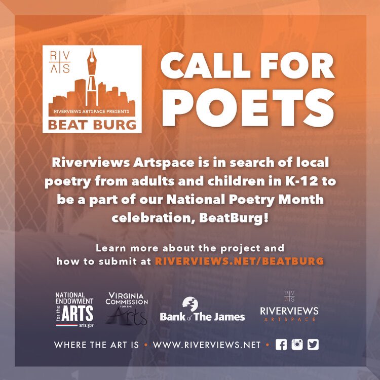riverviewsart's tweet photo. Calling poets of all ages for our 2021 BeatBurg celebration! Our call is open to local poets in the City of Lynchburg and the surrounding counties of any age. There will be 15 poems selected from both age categories- Adult and Youth. For more info, visit https://t.co/92acfoJX5P https://t.co/7BWbsSpmrl