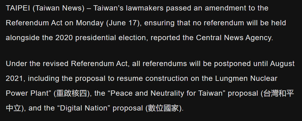 Taiwan's referundum act stipulates the next available referendum date is August of this year - so expect the DPP to begin building public support for this starting in June, if they choose to exercise this option
