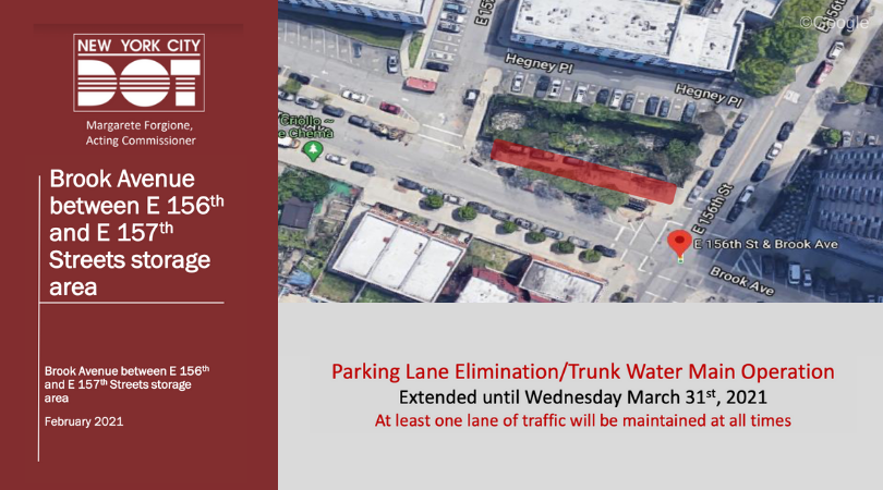 NYC_DOT's tweet photo. Extension of water main operations on E. 156th St in #theBronx will require a staging area on #BrookAve between E156th and 157th Sts eliminating five parking spaces. https://t.co/P3NxXQ9Jf4