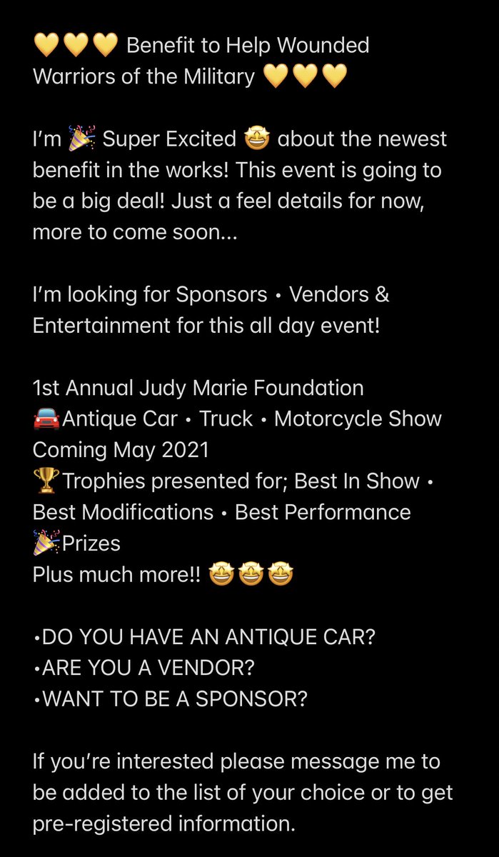 JudyMarieFoster's tweet photo. 1st annual Judy Marie Foundation Antique car • Truck • Motorcycle show! #justiceforjudymarie https://t.co/zV7cVHwjvN