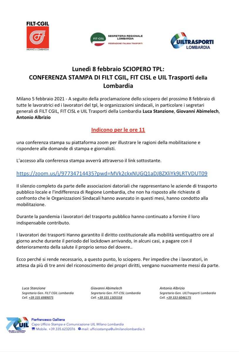 Lunedì 8 Febbraio sciopero #TPL - conferenza stampa di <a href="/filtcgilMilano/">FILT CGIL MILANO e LOMBARDIA</a> <a href="/FitLombardia/">FIT CISL LOMBARDIA</a> <a href="/UiltrasportiL/">Uiltrasporti Lombardia</a>  alle ore 11 sulla piattaforma zoom. <a href="/Uiltrasporti_N/">UILTRASPORTI</a> <a href="/DMargaritella/">Danilo Margaritella</a> <a href="/PGalliena/">Pier Galliena</a>