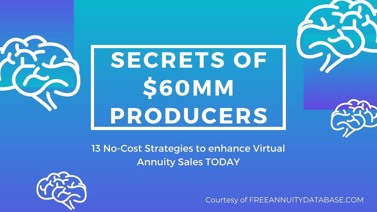 Secrets of $60MM Producers: 13 No-Cost Strategies to Enhance Virtual Annuity Sales TODAY 

2/17/21 at 11AM PST / 2PM PST

zoom.us/webinar/regist…