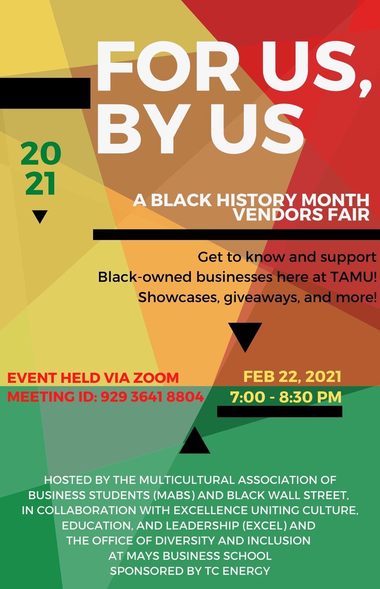 Good Afternoon! We will be hosting a Vendor Fair In celebration of Black History Month with <a href="/TAMUExCEL/">TAMU ExCEL</a> and MABS, sponsored by <a href="/TCEnergy/">TC Energy</a>!  We will have prizes, performances, and a guest speaker!
If anyone with a business would like to to be apart of this event please DM us!