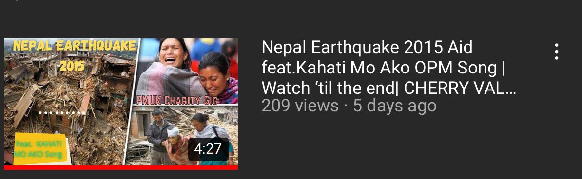 CherrySinger16's tweet photo. Nepal Earthquake 2015 Aid feat.Kahati Mo Ako OPM Song |Watch ‘til the end https://t.co/5wadsMK7zt via @YouTube   Wish we can go back to normal soon so that we can continue to support local and int’l charities 🙏🏻🙏🏻🙏🏻.   #aid #donate #love #unity #musicians #Nepal #charity #simple https://t.co/zTF2h11oeA
