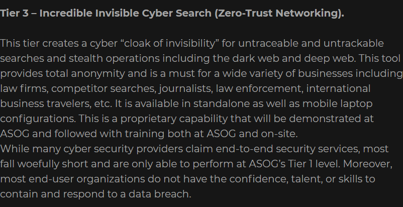 Now he is bringing on Russell Ramsland, who also has a "cyber security company" I'll let the website speak for itself "This tier creates a cyber “cloak of invisibility” for untraceable and untrackable searches and stealth"