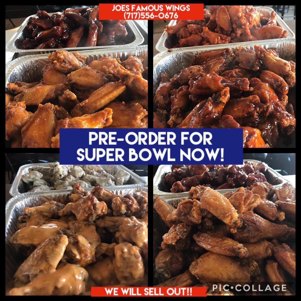 Joesfamouswings's tweet photo. We are accepting orders for Sunday. Time slots are filling up! limited availability between 4 and 5:45. will not be able to place order online in that 2 hour window. call ASAP!

Online ordering available before 4 and after 5:45

https://joesfamouswingsnwieners.hrpos.heartland https://t.co/HG76Ak2g1Z