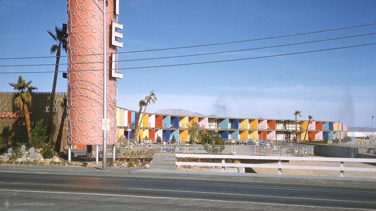 Vintage Las Vegas on X: "Flamingo Capri took their name and the design of  their neon from the Flamingo (next door) but they had their own unique  color scheme for the motel