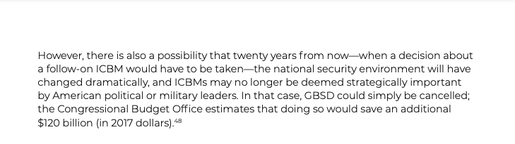 2) Minuteman life-extension at current force levels:- Could push the GBSD decision decades into the future, *after* the budget crisis ends- Way cheaper than GBSD- If test rate was adjusted, ICBM inventory won't dip below 400 until 2050- Less $ saved than other options