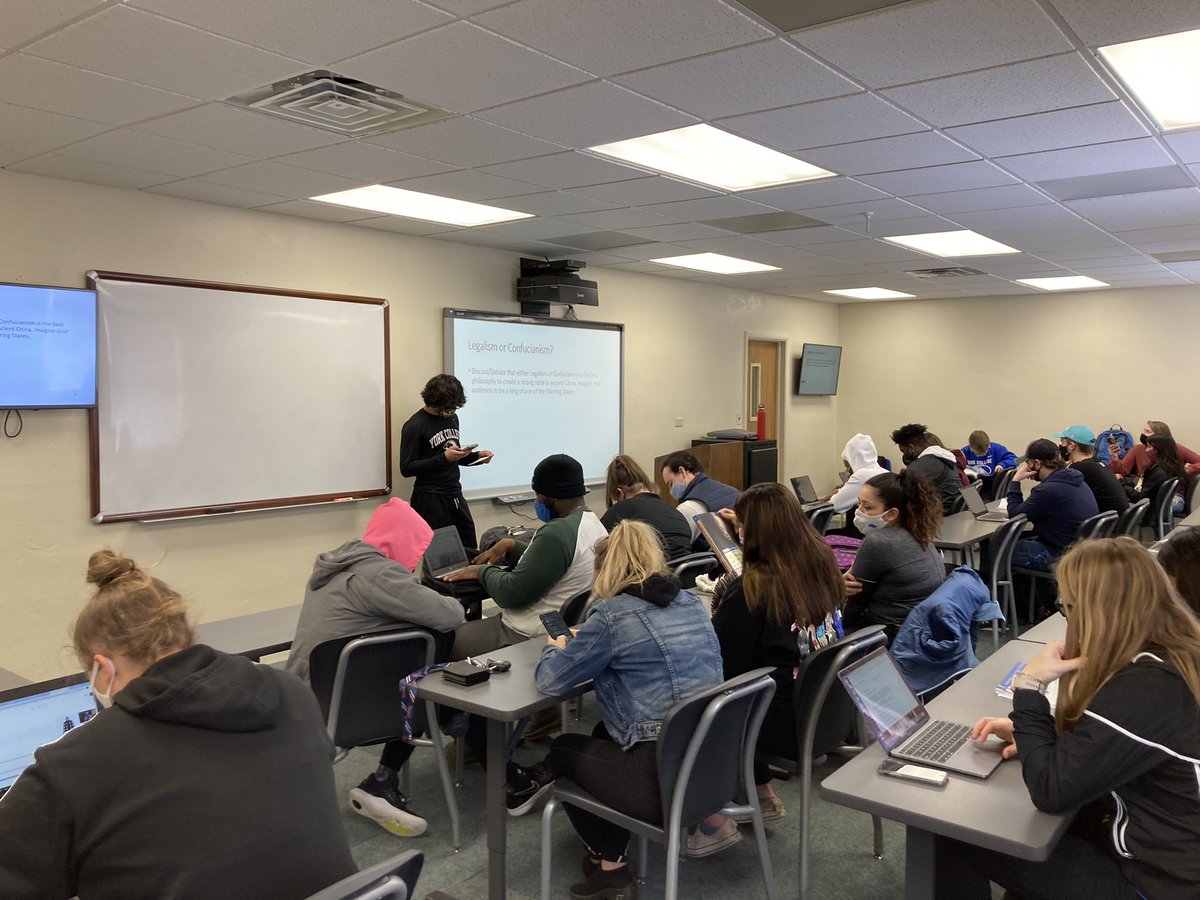 HerHistoryatYC's tweet photo. #WorldCiv debated Confucianism and Legalism in the Warring States Period in China. I even roped in Isaiah Jasso (History Education major from Texas) to run the debate while I jumped in the debate and played both sides. 😈 https://t.co/2bDB9yAMAN