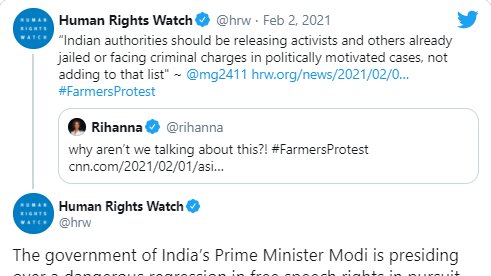 Perhaps the most telling – and  #redflag waving share, is the re-tweet of the Rihanna comment by the imperialist Human Rights Watch led by Kenneth Roth. Included in the celebrity/influencer forces unleashed – was Meena Harris,  #KamalaHarris's niece.  #NonProfitIndustrialComplex