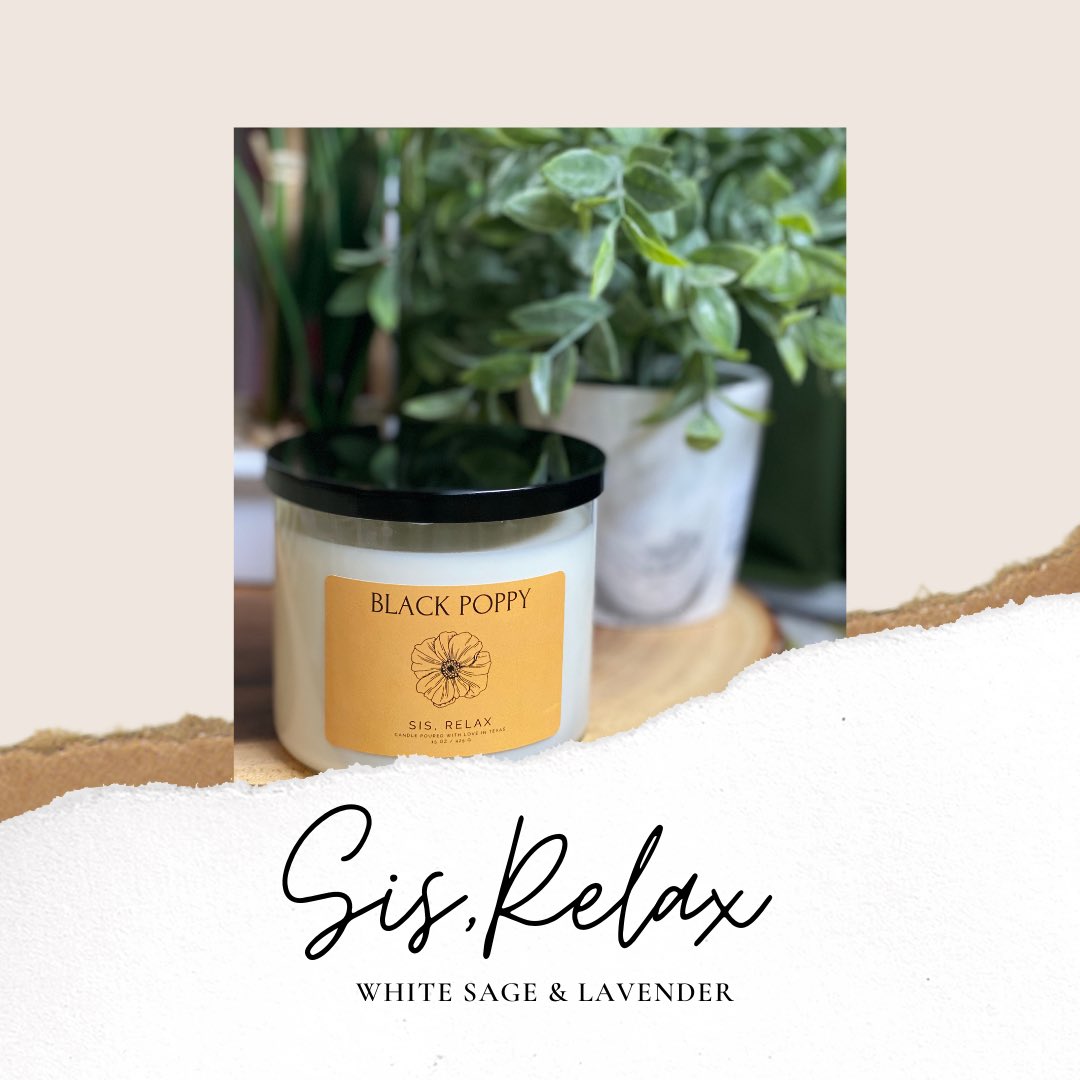 blackpoppysc's tweet photo. It’s Friday and after a long week....we need to RELAX. So we’re burning our Sis, Relax candles notes of white sage and lavender to calm our nerves. Get your hands on one of our best seller 3-wick candles now 🔗 in bio #candlemaker #texas #BlackHistoryMonth https://t.co/M0v2iWrlvh