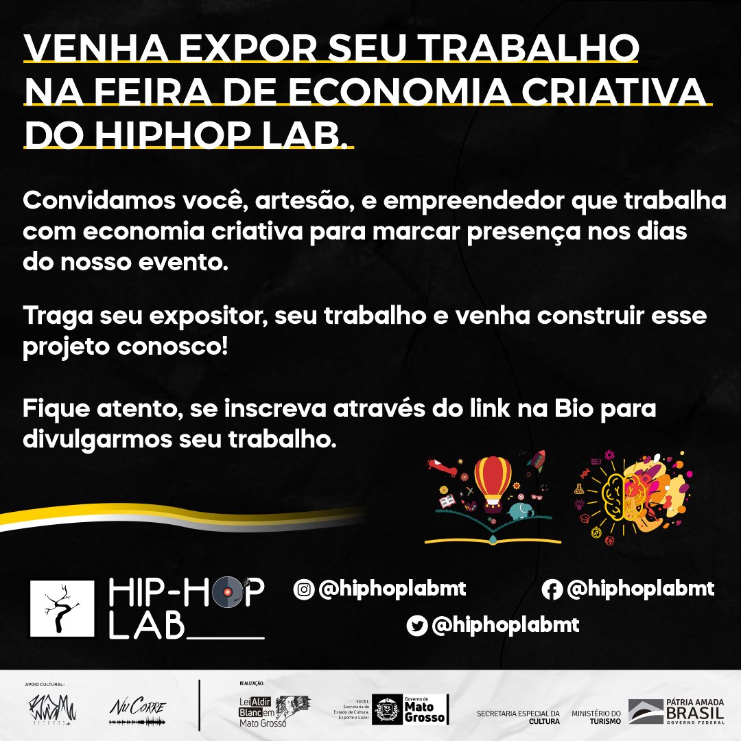 hiphoplabmt's tweet photo. Atenção artesão e empreendedor!

Se liga só o que preparamos para você!

#hiphop #hiphopbrasil #araguaia #barradogarças #matogrosso #rap #repente #breakingdance #capoeira #discotecagem #grafite #aldirblanc #nucorre #bdm https://t.co/Z1ajjwHhby