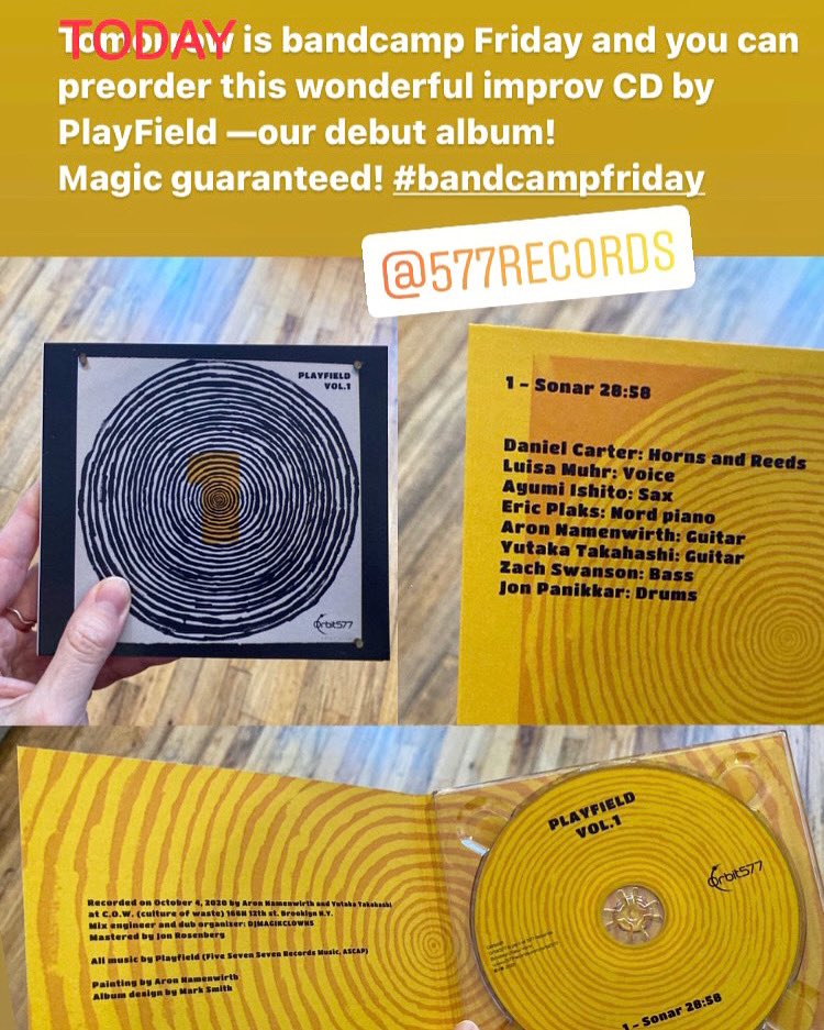 Today is #bandcamp #friday <a href="/Bandcamp/">bandcamp</a>! Preorder PlayField’s debut release “Sonar” <a href="/577Records/">(((((((577)))))))</a> — pure #freeimprov #magic!

Daniel Carter
Ayumi Ishito
Luisa Muhr
Aron Namenwirth
Jon Panikkar
Eric Plaks
Zach Swanson
Yutaka Takahashi

orbit577.bandcamp.com/album/playfiel…