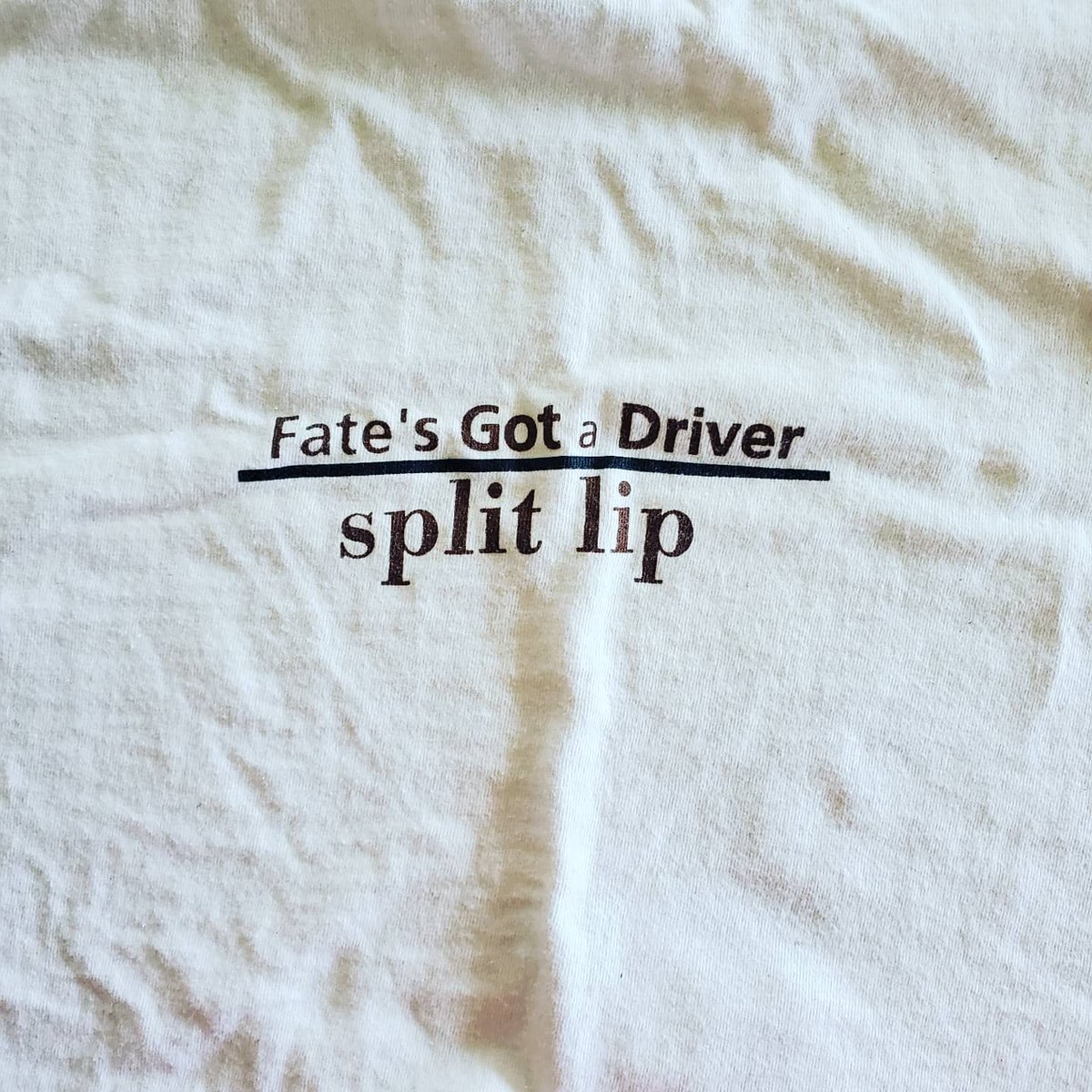 micro_groove's tweet photo. Vintage 90s SPLIT LIP 'Fate's Got A Driver' shirt. Off white Hanes Beefy Tee - XL - $150. Shirt is in pretty great shape save for some very light yellowing in spits thats hard to see due to shirt color. #splitlip #chamberlain #fatesgotadriver #doghouserecords #washedupemo https://t.co/BlPtoTnEqE