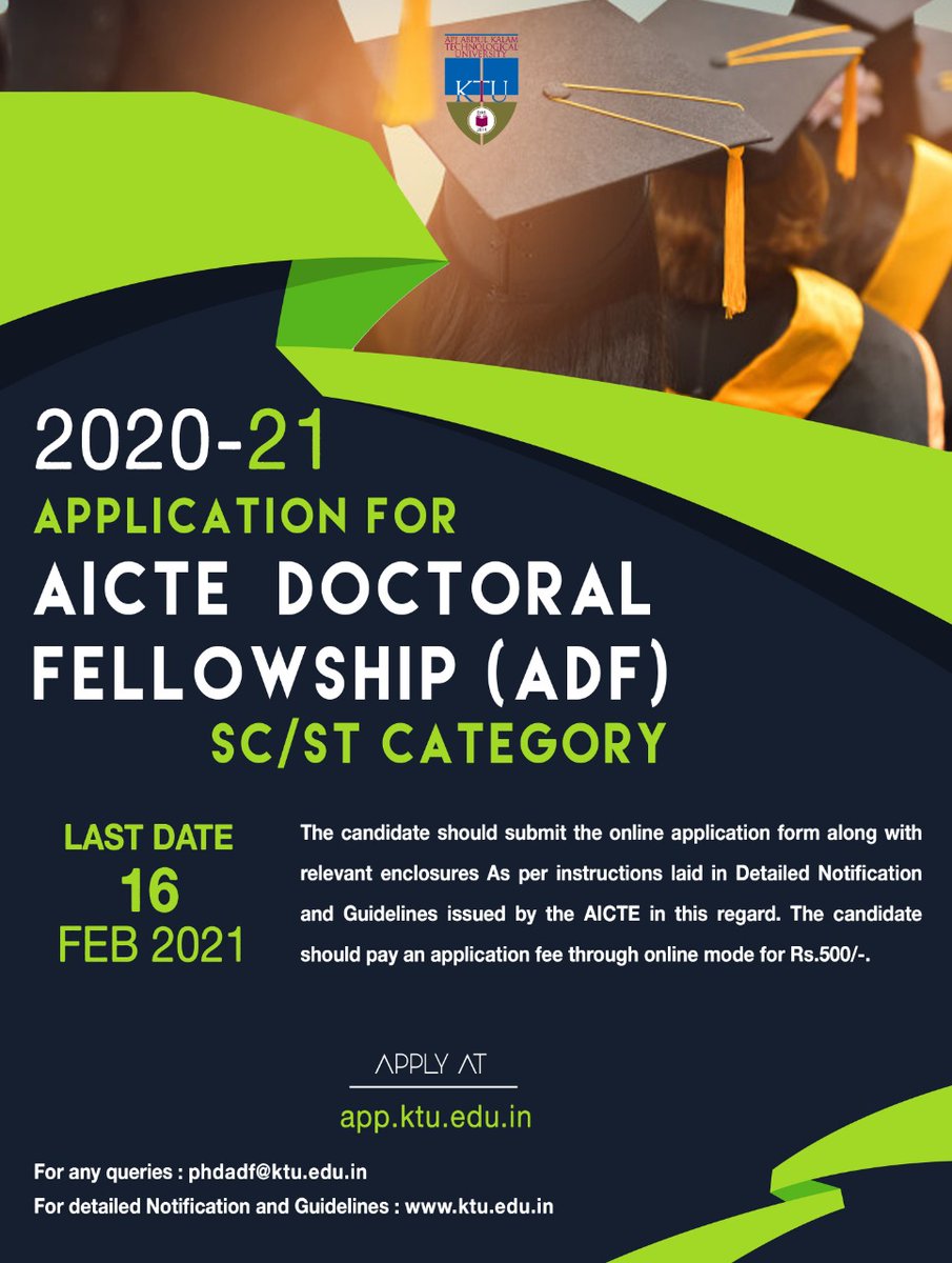 apjaktuofficial's tweet photo. Applications invited from eligible candidates in SC/ST category for AICTE Doctoral Fellowship (ADF) for the year 2020-21.
#ktu
#ktuphd
#AICTEADF https://t.co/oIo9NvUGLM