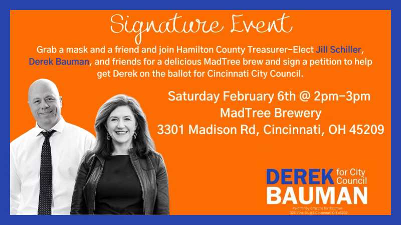 jillschill's tweet photo. Please join me in supporting my good friend ⁦@derekbauman⁩ by signing his petition to get on the ballot for Council. Grab your mask, grab a beer, grab a pen, and we'll see you tomorrow at Madtree! https://t.co/C0sPX8QdC7