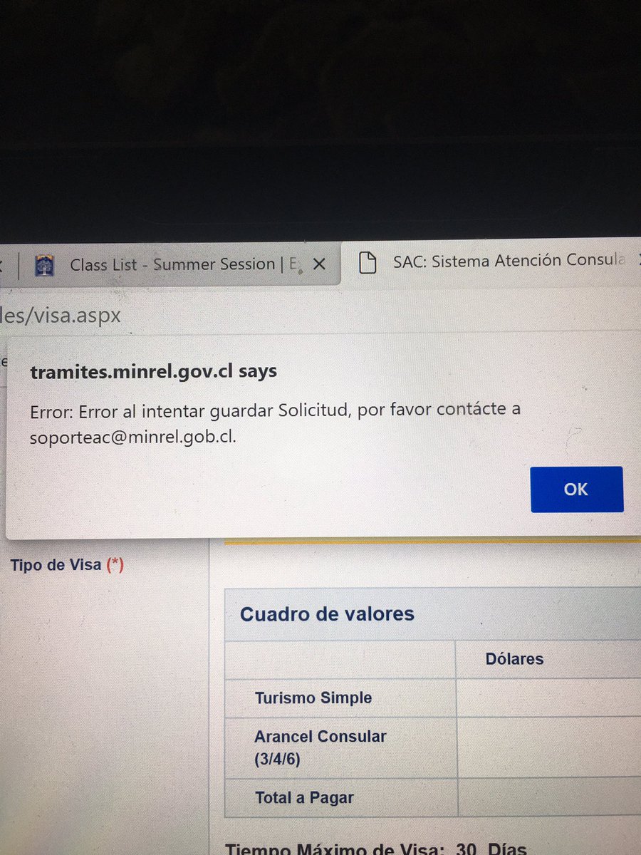 PammS_B's tweet photo. @Minrel_Chile desde hace 4 días la pag de obtención de visa está mala. Además el email en el mensaje de error no existe. Por favor arréglenla! https://t.co/G9khwnoKE7