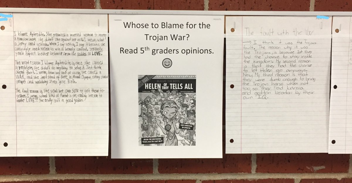 LibrarySeltzer's tweet photo. After reading Helen of Troy Tells All by Nancy Loewen, 5th grade formed their own opinions on who started the war. https://t.co/IWvrRzeRfZ
