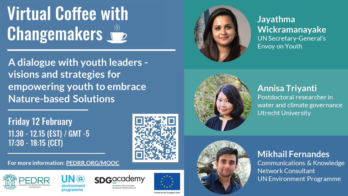 UNYouthAffairs's tweet photo. New learning opportunity 📢
@UNEP & @PEDRRnetwork launched a new #MassiveOpenOnlineCourse on #NatureBasedSolutions for Disaster & #ClimateResilience!
Join me for the "Virtual ☕️ with Changemakers" dialogue series 🙌
🗓️ Fri, 12 Feb
🕐 11:30 am EST
🔗 https://t.co/VhHALwMqvM https://t.co/1jczIdivpX