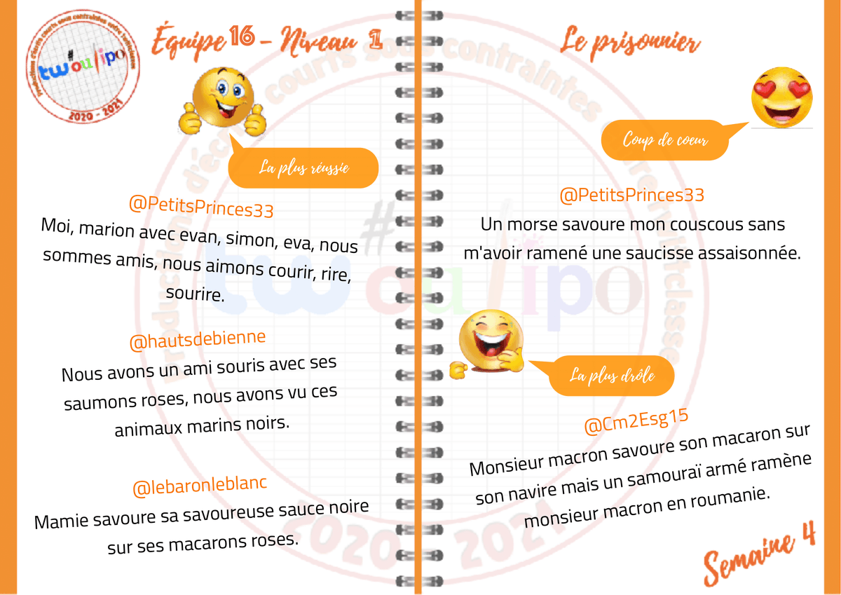 #Twoulipo Bravo à tous les élèves et aux enseignant.e.s des classes de l'#EQ16 👏👏👏 Voici l'affiche des résultats de cette dernière semaine, pour la contrainte du prisonnier.
<a href="/ECm2ecolebenoit/">@Cm1ecolebenoit</a>
<a href="/Cm2Esg15/">CM2 ESG15</a>
<a href="/PetitsPrinces33/">PetitsPrinces33</a>
<a href="/hautsdebienne/">CMHautsdebienne</a>
<a href="/itepcommercy/">ITEP de Commercy</a> 
<a href="/CMWattrelos/">CM2 Wattrelos</a>
<a href="/lebaronleblanc/">lebaronleblanc</a>