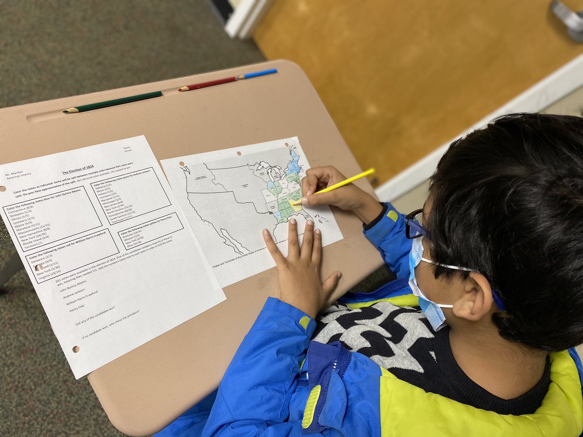 CltPrepGrade7's tweet photo. Completing an electoral map for the election of 1824 to determine if a corrupt bargain did indeed take place...
#OnePrep #CharlottePrepSocialStudies https://t.co/NBfsotob67