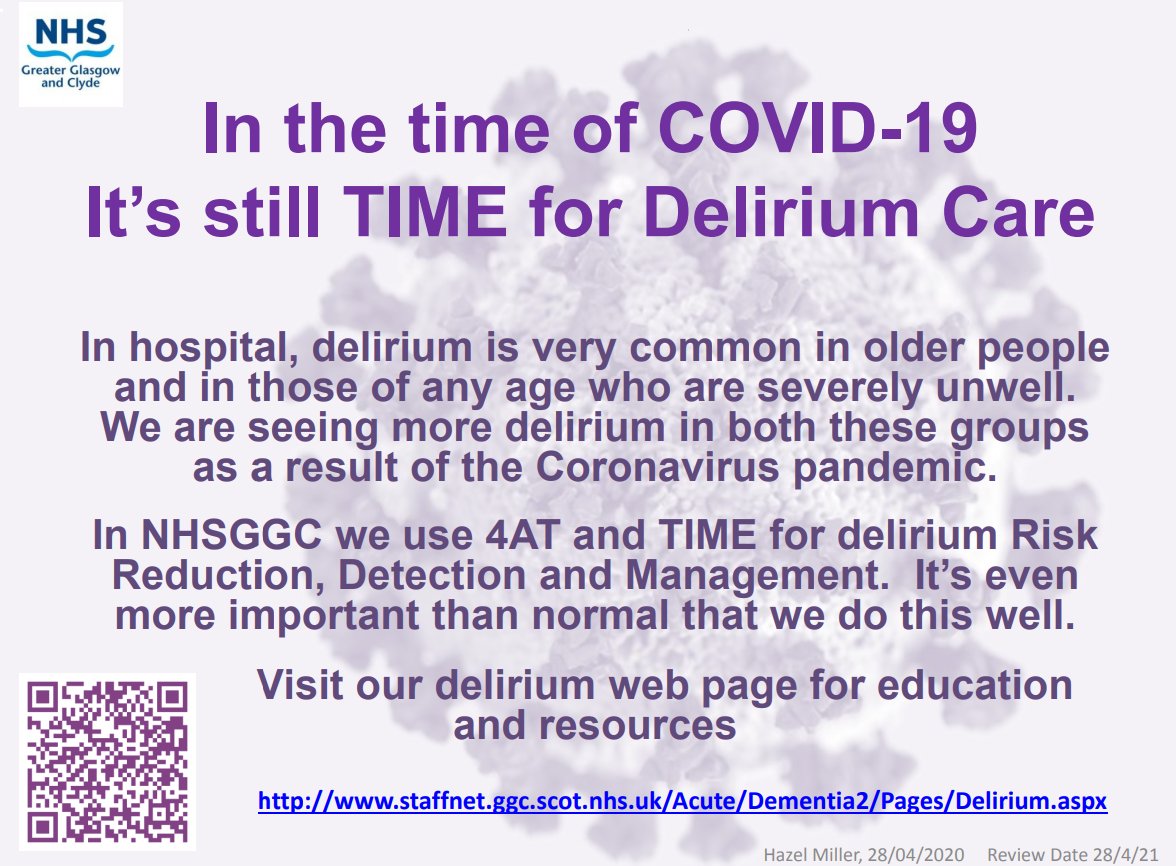 Due to the COVID pandemic delirium continues to be an issue for vulnerable and unwell patients and our prevention and management strategies are more important than ever. In GGC all disciplines use TIME to prompt good delirium care.
ggcmedicines.org.uk/blog/medicines…
#delirium #patientsafety