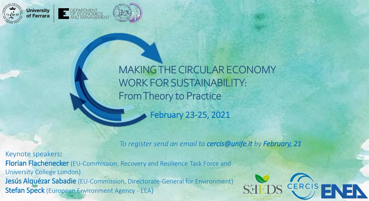 EconomicsSEEDS's tweet photo. #seedssupports #supportedevent Feb 23-25 "MAKING THE CIRCULAR ECONOMY WORK FOR SUSTAINABILITY: From Theory to Practice" powered by @CErcisUNIFE in partnership with @ENEAOfficial
#fullprogramme out
cercis@unife.it for info and registration (no later than Feb 21) https://t.co/SE4PwJ98ih