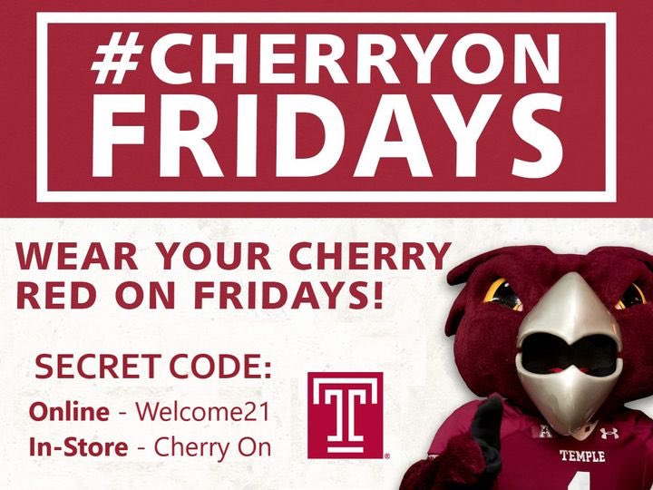 TempleBookstore's tweet photo. We're having a #CherryOn Friday sale today! Come in and say the secret phrase and receive 15% off one emblematic item! https://t.co/OmcbBg1gXv