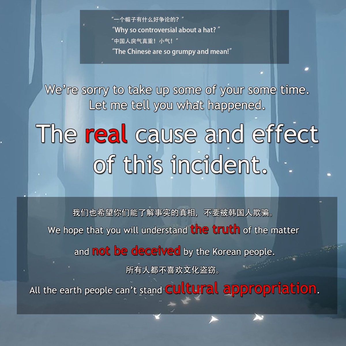 fenchadetuimao's tweet photo. I thought South Korea was a friendly neighbor for a hundred years and then they stabbed us in the back and stole our stuff.I can't believe it. It's very sad and terrible.💔💔😭😭
#Where_is_TGC_for_equality #thatskygame #sky_children_of_the_light
#TGC_for_equality https://t.co/p7cLGkM5Lc