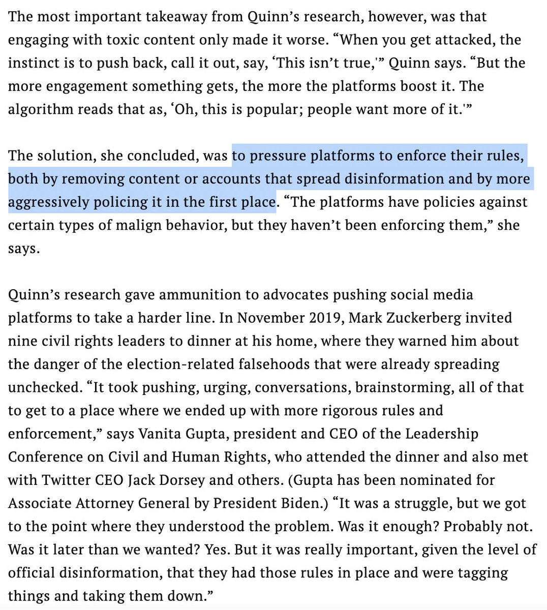Coordinated censorship in the name of "policing disinformation" is BY FAR the most pernicious aspect of this whole thing.When you affect what ppl are allowed to see, you'll affect their beliefs.Big tech assumed unprecedented power to filter what people freely choose to share.